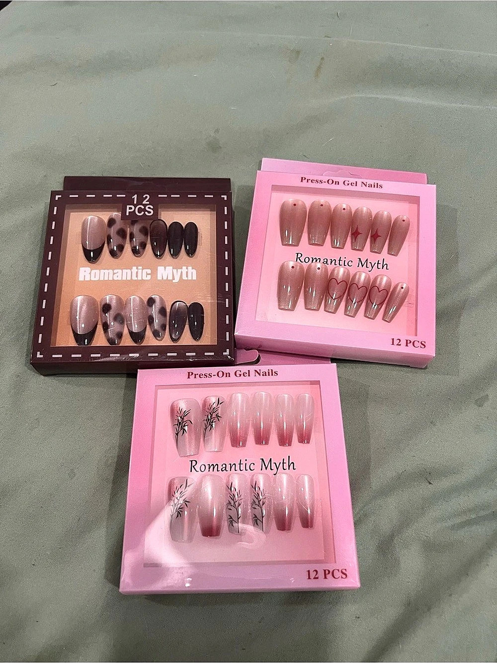 Romantic Myth Press-On Gel Nails Bundle Set of 3-Pack Pink & Brown NWT